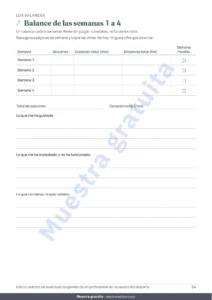 Balance de las semanas 1 a 4 — Mi cuaderno de sesiones — diario de entrenamiento de 12 semanas (caminata, carrera, gimnasio), PDF para imprimir