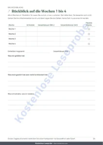 Rückblick auf die Wochen 1 bis 4 — Mein Einheiten-Tagebuch — Trainingstagebuch für 12 Wochen (Gehen, Laufen, Fitnessstudio), PDF zum Ausdrucken