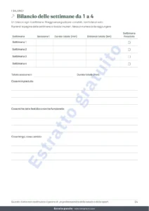Bilancio delle settimane da 1 a 4 — Il mio diario, sessione per sessione — diario di allenamento di 12 settimane (camminata, corsa, palestra), PDF da stampare