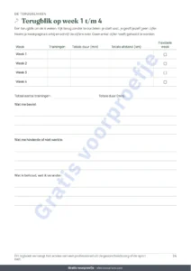 Terugblik op week 1 t/m 4 — Mijn trainingslogboek — trainingsdagboek voor 12 weken (wandelen, hardlopen, sportschool), pdf om uit te printen