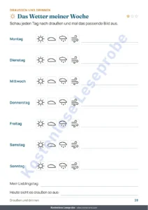 Das Wetter meiner Woche — Mein Ferienheft — Zahlen, Logik, Tagebuch und Natur, 6-9 Jahre (PDF zum Ausdrucken und Tablet-Version)