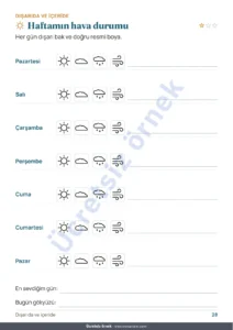 Haftamın hava durumu — Benim tatil defterim — sayılar, mantık, günlük ve doğa, 6-9 yaş (yazdırılabilir PDF ve tablet sürümü)
