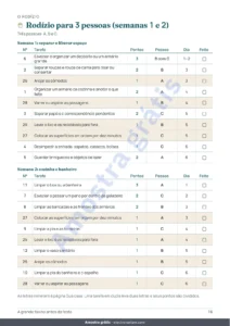 Rodízio para 3 pessoas (semanas 1 e 2) — A grande faxina antes da festa — cronograma de 4 semanas e divisão justa das tarefas para 2 a 6 pessoas (PDF para imprimir)