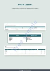 Private Lessons — Private Lessons Tracker — workbook for students, lessons and payments + printable PDF notebook (Excel, Google Sheets and LibreOffice)