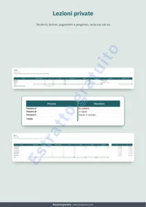 Lezioni private — Lezioni private e ripetizioni — cartella di lavoro per lezioni, pagamenti e progressi + quaderno PDF da stampare (Excel, Google Sheets e LibreOffice)
