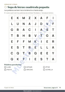 Sopa de letras: cuadrícula pequeña — Mi cuaderno de Ramadán — Juegos, dibujos para colorear y buenas acciones, 5-10 años