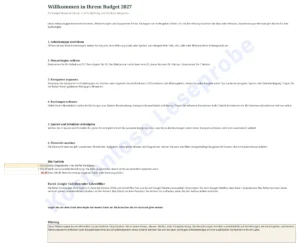 Hier starten — Budget 2027 — Haushaltsbuch Excel-Vorlage, auch für Google Tabellen, Monat für Monat, in Ihrer Währung