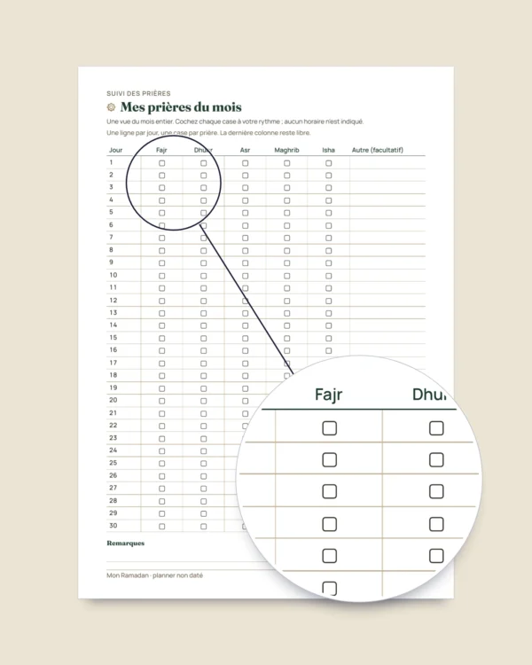 Mon Ramadan — Planner non daté, 30 jours