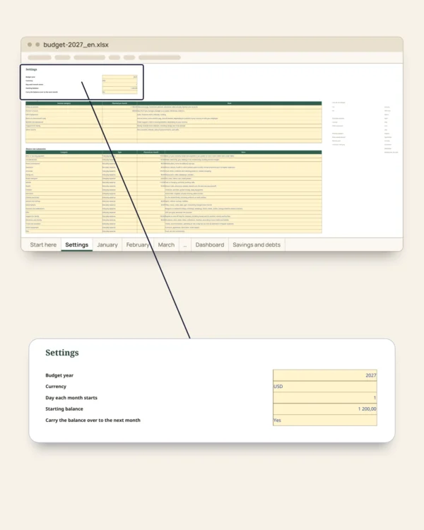 Budget 2027 — Excel and Google Sheets budget spreadsheet, month by month, in your currency