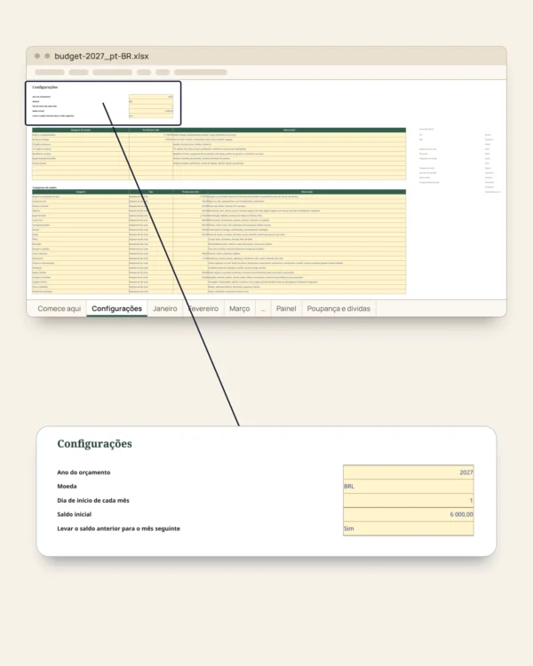 Orçamento 2027 — planilha Excel e Google Planilhas, mês a mês, na sua moeda