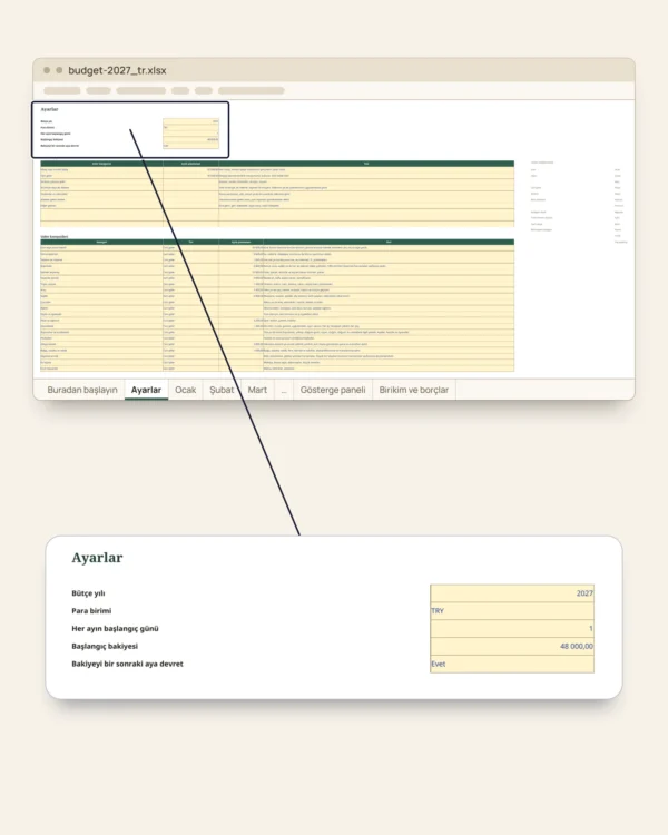 Bütçe 2027 — Excel ve Google E-Tablolar bütçe tablosu, ay ay, kendi para biriminizle
