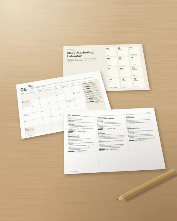 2027 Marketing Calendar — dates by market and post ideas, PDF + spreadsheet + calendar file