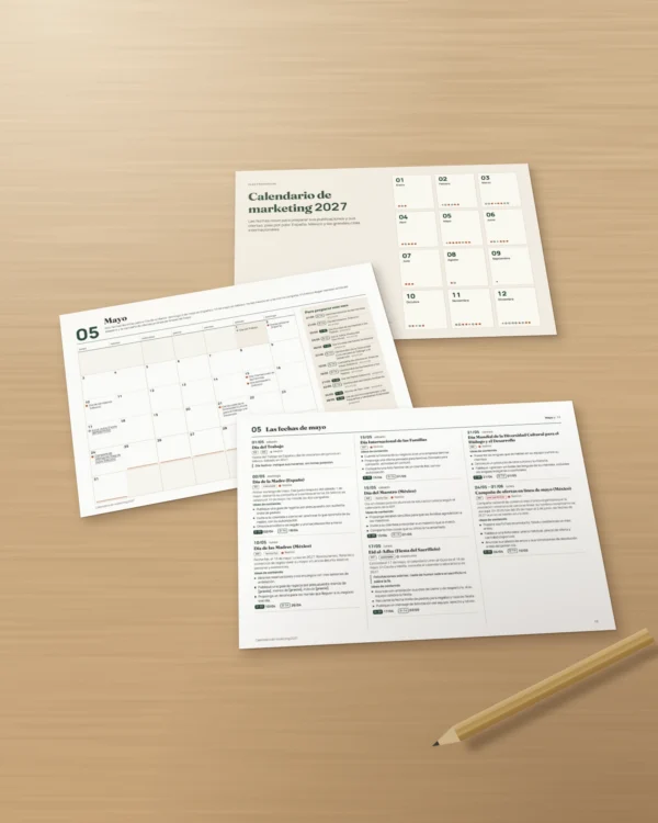 Calendario de marketing 2027 — fechas por país e ideas de publicación, PDF + hoja de cálculo + agenda