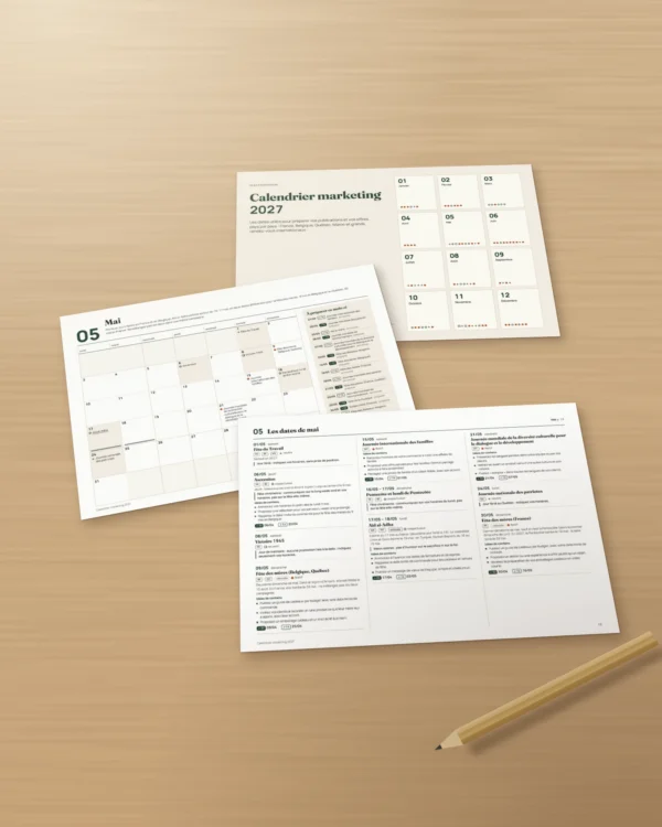 Calendrier marketing 2027 — dates par pays et idées de publication, PDF + tableur + agenda