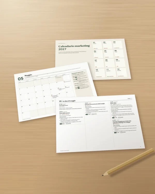 Calendario marketing 2027 — ricorrenze in Italia e idee per i post, PDF + foglio di calcolo + agenda