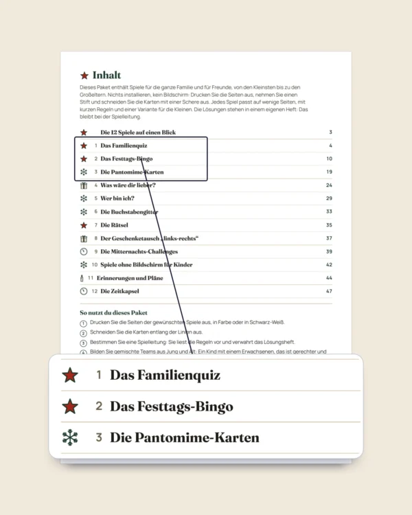 Festliche Familienspiele — 12 Spiele zum Ausdrucken für Weihnachten und Silvester